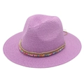 Detail of purple straw Panama hat featuring colorful bead fringe and braided hemp rope trim - One Size / Light Purple