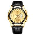 Orologio da uomo dorato con cinturino in pelle nera, cronografo a tre quadranti e datario - Cassa Oro Quadrante Oro