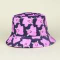 Close-up of navy blue bucket hat featuring cute pink cartoon monster print patterns - M (56-58cm) / Black Monster