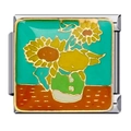 Detailed close-up of Van Gogh Sunflowers charm link in gold-toned titanium steel - ICJ272/Van Gogh Sunflowers