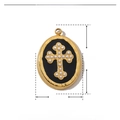 Detailed view of religious oval pendant with gold frame, black enamel, and pearl cross - YE732-1-Gold Black Pearl Cross