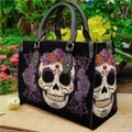 Black PU leather tote bag featuring vibrant sugar skull and purple floral print designs - Black Sugar Skull Purple Flower (手提包0039)