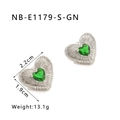 Silver heart earrings with radial texture and green gemstone center in vintage style - Silver Heart Green Gemstone Style (NB-E1179-S-GN)