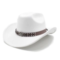 Close-up of white felt cowboy hat with a brown leather studded band and vintage buckle - M (56-59cm) / White