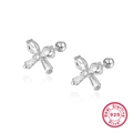 Elegant S925 sterling silver bow stud earrings with sparkling zircon and screw backs - 925 Silver / White Gold