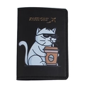 Black passport cover with cartoon cat wearing sunglasses and gold passport text - Black
