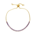 Elegant gold adjustable bracelet with sparkling round purple zircons on white background - Purple