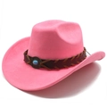 Detail of pink faux suede cowboy hat featuring woven leather band and turquoise stone - M (56-58cm) / Hot Pink