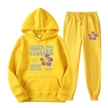 Survêtement unisexe jaune vif en molleton avec imprimé floral violet et capuche - S (L) / Haut Et Bas / Jaune Vif (Style 10)
