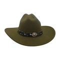 Army green wide brim fedora hat with lion head metallic buckle and patterned band - Army Green