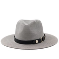 Detailed view of gray straw fedora texture and black band with gold metal buckle - Grey (Black Leather Band)
