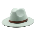 Detail of mint green fedora wool hat with brown embossed faux leather band and metal buckle - M (56-58cm) / Mint Green