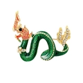 Golden Naga dragon brooch with green enamel and sparkling white crystals on white background - Green Naga Brooch