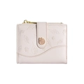 Short bifold wallet for women in pale pink PU leather with embossed floral leaf pattern - White