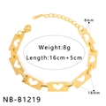 Detail view of gold heart cutout rectangular link bracelet with sizing measurements - Hollow Heart Rectangular Plate (NB-B1219)