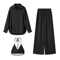 Women's 3-piece casual black satin set featuring buttoned shirt, trousers, and halter top - S / Black