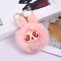Cute pink plush bunny ear pompom keychain with floral eyes and gold metal ring - Bear / Pink