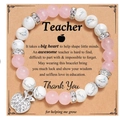 Pink zebra stone bead bracelet with a crystal apple pendant on a Teacher thank you card - Full Diamond Apple With Card Style