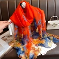 Detail of thin floral gauze scarf in bright orange with artistic digital flower print - Floral Fragrance / 180CM-130CM