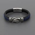 Heren meerlaagse leren armband met blauwe knoop en zilveren magnetische sluiting - Zwart en Blauw / 19cm