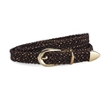 Slim woven women's belt in dark brown with gold accents and a metallic buckle - Coffee With Gold Thread