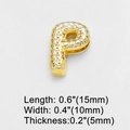 Detail view of gold letter P charm with white zircons showing 15mm length measurement - Letter P
