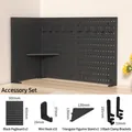 Modular black pegboard organizer system with boards, hooks, and tripod stands for desk - Clamp-on Black 3-Board Set