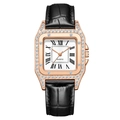 Luxury square quartz watch with rose gold diamond case and black leather strap - Black