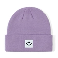 Lavender purple knitted baby beanie featuring a white square patch with a black smiley face - Size S (0-2Y) / Light Purple