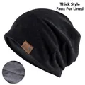 Black knitted beanie with thick grey fleece lining and F & S leather patch detail - Fleece Lined Style / Black