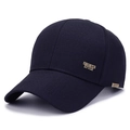 Navy blue cotton baseball cap with sports style metal plaque and woven label detail - Sport Embroidery Navy Blue