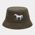 Detailed view of the olive green corduroy bucket hat texture and white horse embroidery - One Size / Army Green