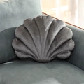 Grey velvet shell-shaped decorative pillow placed on a modern sofa in a bright room - 28x38x10cm / Silver Gray