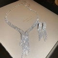 Macro view of luxurious rhinestone tassel necklace and earrings with high-clarity crystals - Silver V-Shape Tassel Style