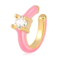Close-up of pink enamel 18k gold plated hoop earring with a sparkling CZ stone - Pink