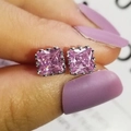 Exquisite square pink zircon stud earrings with vintage silver prong setting for women - Square Pink Style (E5793)