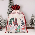 Christmas gnome drawstring gift bag with red buffalo plaid top and burlap texture - Gnome with Checkered Hat Gift Bag