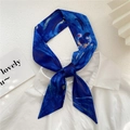 Blue oil painting silk scarf tied on a white shirt collar for elegant styling - 6x105cm / Deep Blue Flower