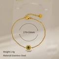 Detail of gold stainless steel bracelet with green stone sun pendant and dimensions - Starburst Pendant / Sunflower