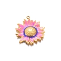 Pink sunflower pendant with gold frame and enamel finish for jewelry making - Rose Red