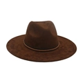Elegant dark brown wide brim fedora hat with a woven decorative band for sun protection - One Size / Coffee (Twisted Rope)
