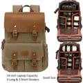 Army green canvas camera backpack with leather trim and adjustable dividers - Integrated Small Size / Khaki