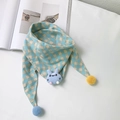 Kids cotton plaid triangle scarf with blue rabbit decor and colorful pompoms - Lake Blue and Pink Plaid