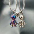 Colorful astronaut couple necklaces with magnetic heart pendant on box chain - Couple Set (Silver + Rainbow) With Magnetic Heart / 70cm Steel Chain