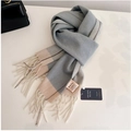 Blue and beige patchwork 100% Australian wool scarf with long tassel details - G0303 Green