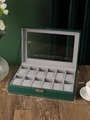 Green leather 12-slot watch organizer box with glass lid and white stitching, 30x20x8cm - 12-Slot Green Watch Box with Lock