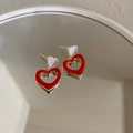 Pink and red double heart drop earrings with gold plating and mirror reflection - Alloy/925 Sterling Silver Pin