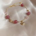 Pink strawberry quartz beads bracelet with golden heart pendant and delicate chain - 36# Gold Heart Pendant Style