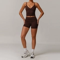 Women's 2-piece coffee brown yoga set with V-neck camisole top and high waist sports shorts - 8998 Vest + 8998 Shorts Jiao Tea Coffee