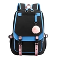 Close-up of black backpack featuring blue piping, pink sports straps and a fluffy plush ball - Sapphire Blue